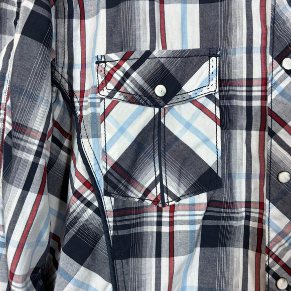 Pearl Snap Shirt Various Artists Blue Red White Plaid L Men Seam Long Sleeve - Picture 3 of 14